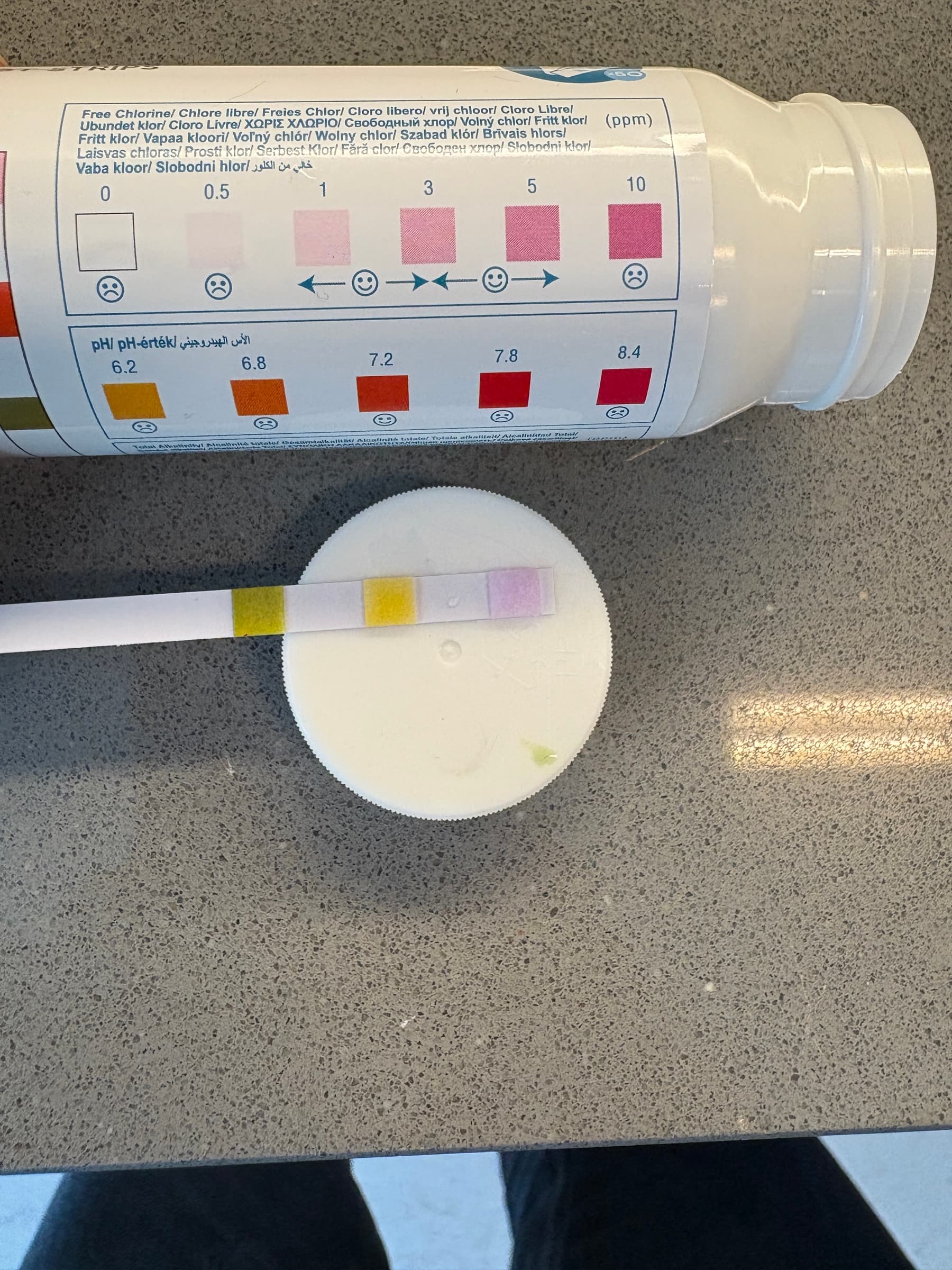 Chlorine and pH test strip used after electrochlorination